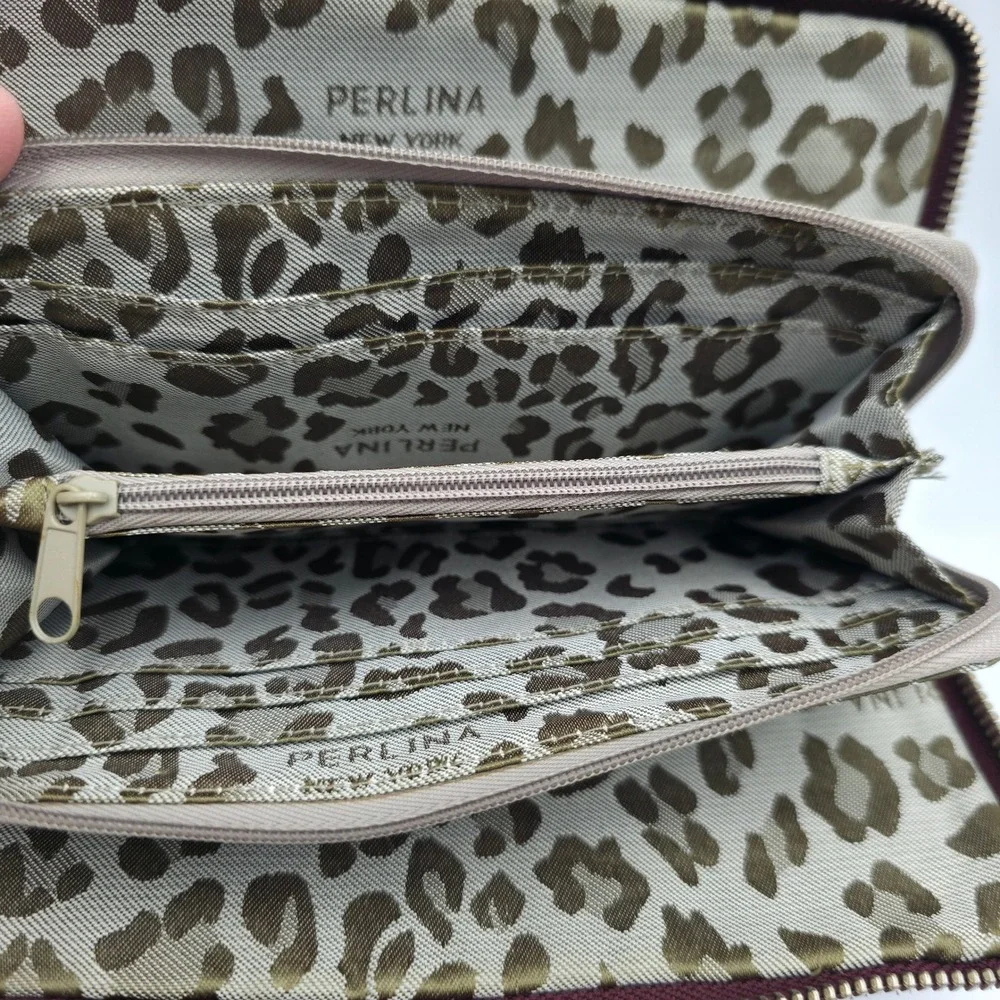 Perlina New York Burgundy Leather Zip Around Wallet Leopard Print Interior